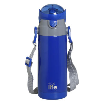 Παιδικό Θερμός 400ml με Καλαμάκι & Λουράκι Μπλε (Navy Blue) | Ecolife