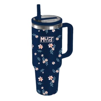 Θερμός Tumbler με Χερούλι 900ml Μπλε Φλοράλ | Must Team